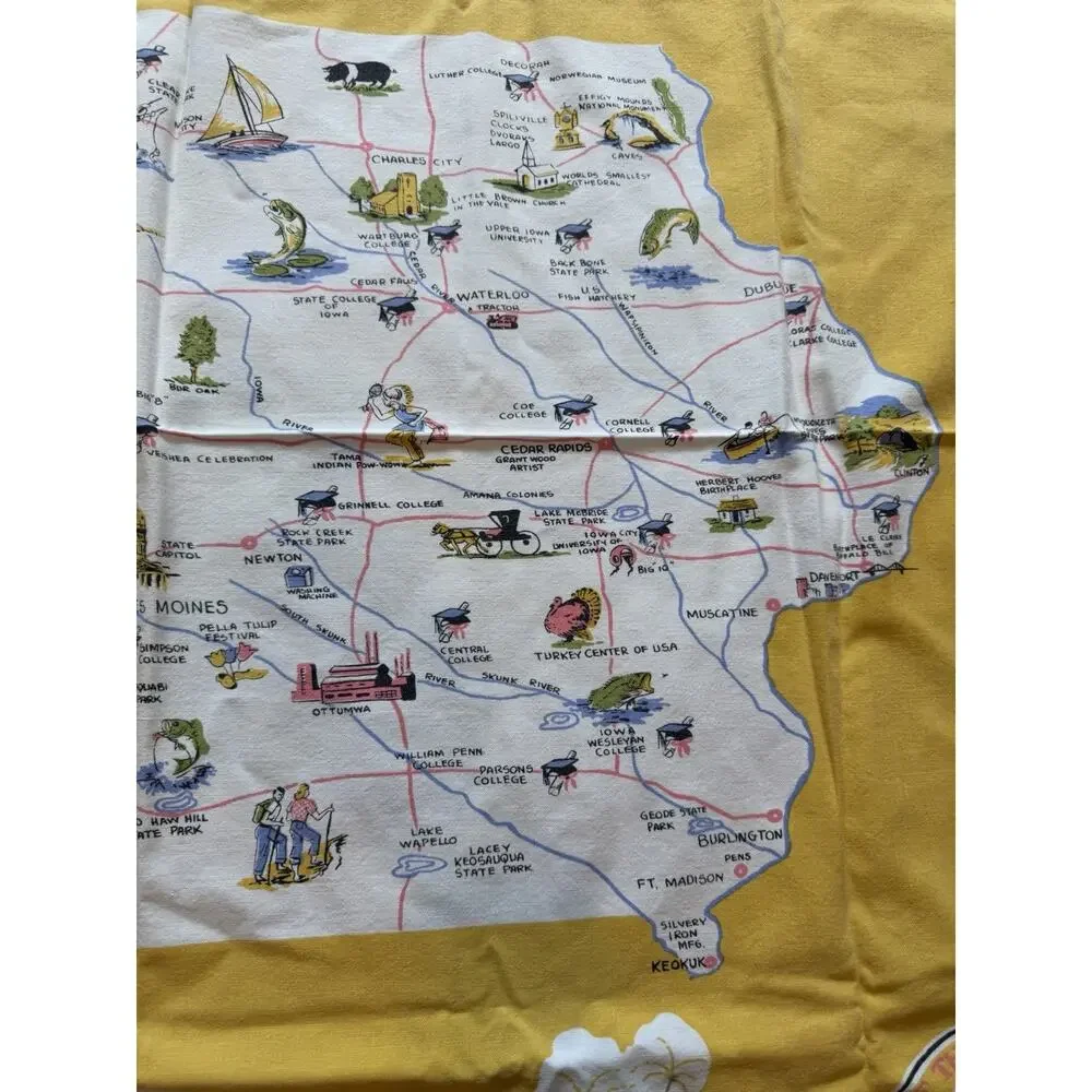 Vintage Iowa State Souvenir Tablecloth 44” Square Hawkeye State Map Cotton 60s